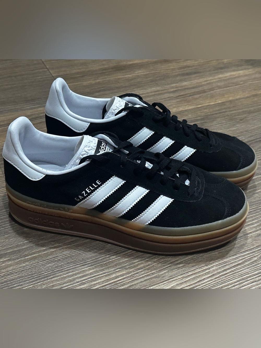 adidas Black Gazelle Bold stacks with White Stripes and Gum Sole